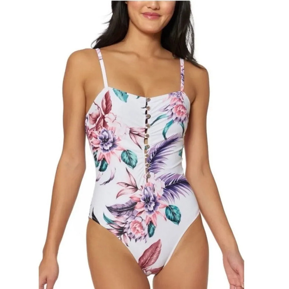 Jessica Simpson  Floral-Print Button One-Piece Swimsuit - Picture 1 of 8